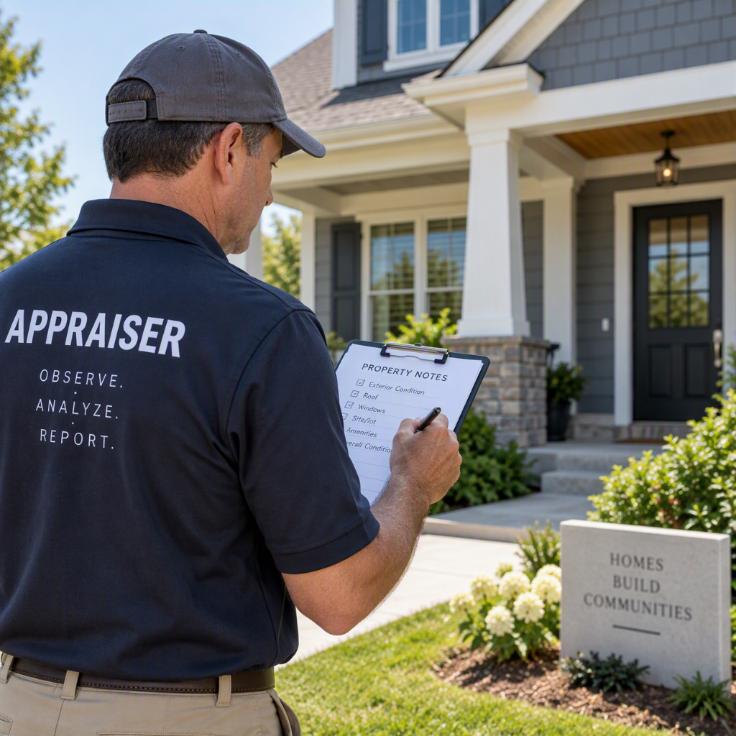 Appraiser taking property notes on a clipboard outside a home
