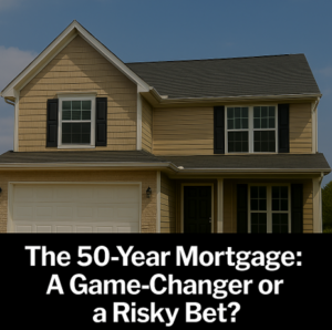 Suburban house with 50-year mortgage headline text