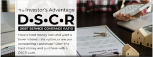 DSCR loan advertisement with calculator and house model