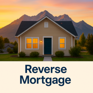 Cozy house at sunset with mountains, reverse mortgage text