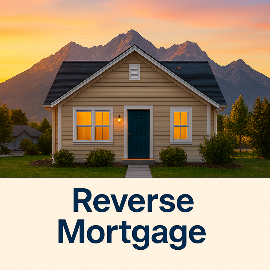 Cozy house at sunset with mountains, reverse mortgage text