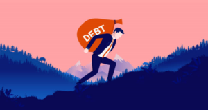 Businessman climbing mountain carrying large debt bag