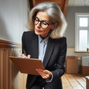 Woman with gray hair writing on clipboard indoors